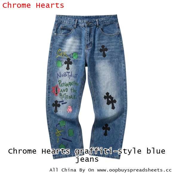 Chrome Hearts graffiti-style blue jeans