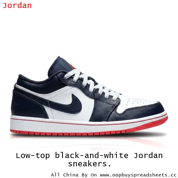 Low-top black-and-white Jordan sneakers.