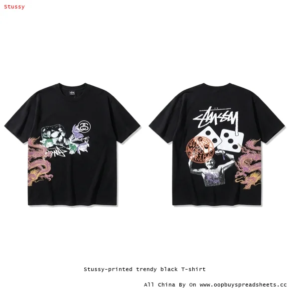 Stussy-printed trendy black T-shirt