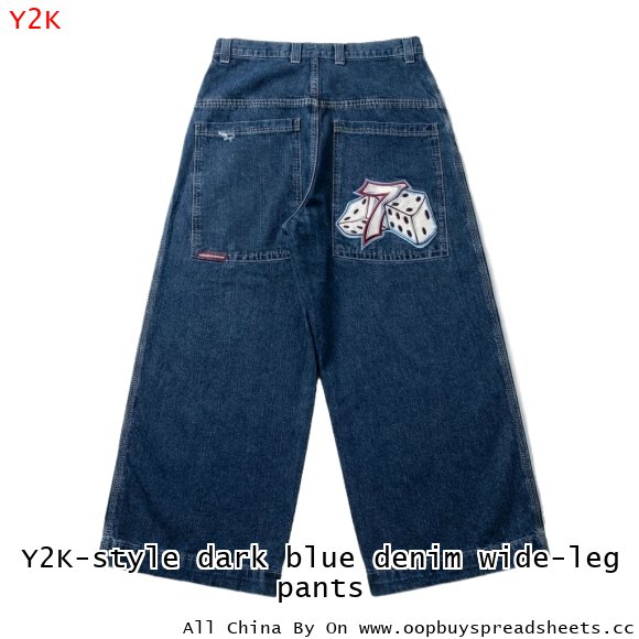Y2K-style dark blue denim wide-leg pants