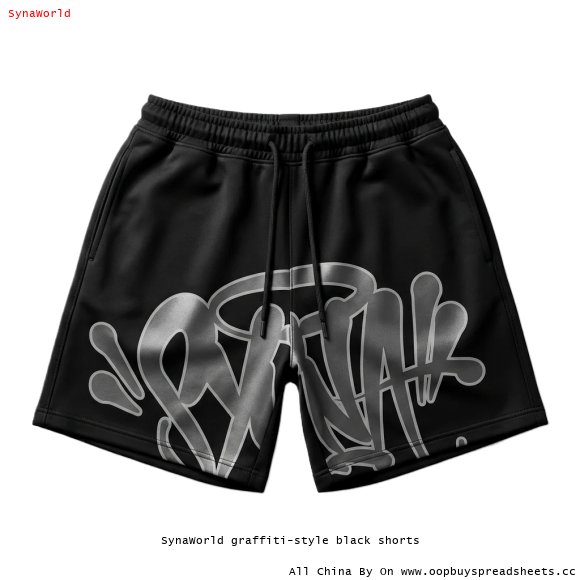 SynaWorld graffiti-style black shorts