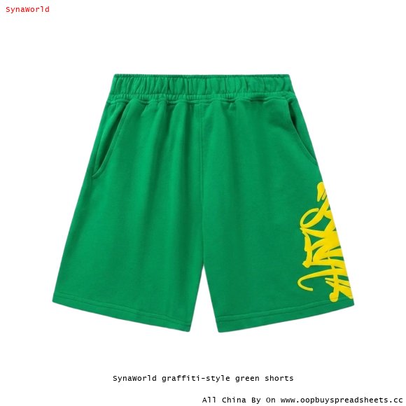 SynaWorld graffiti-style green shorts