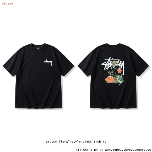 Stussy floral-style black T-shirt