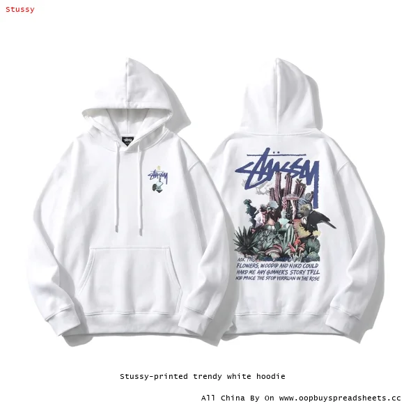 Stussy-printed trendy white hoodie