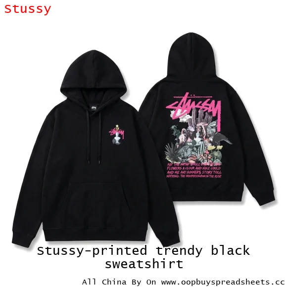 Stussy-printed trendy black sweatshirt