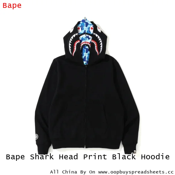 Bape Shark Head Print Black Hoodie