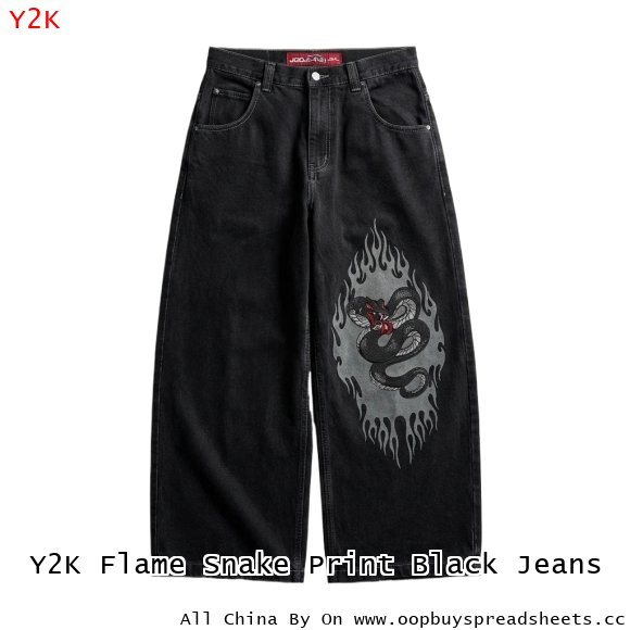 Y2K Flame Snake Print Black Jeans